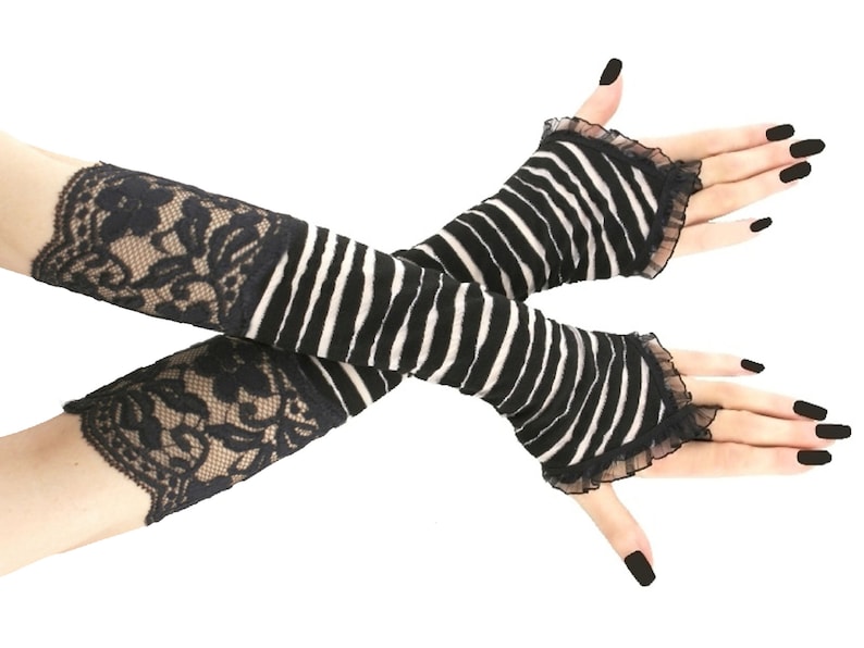 Black white womens gloves striped evening fingerless long warmers costume glamour elbow length elastic lace elegant romantic clothing