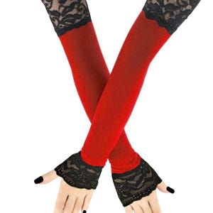 Opera dameshandschoenen, elegante glamour avondhandschoenen zwart rood extra lange armwarmers mouwen bruidsfestival vingerloos vrouwenkostuum