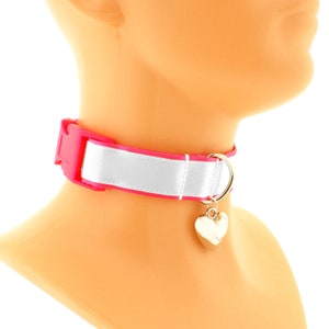 Neon pink white buckle collar choker satin proof sturdy for play d ring with heart proof sub day necklace, xs - 5xl