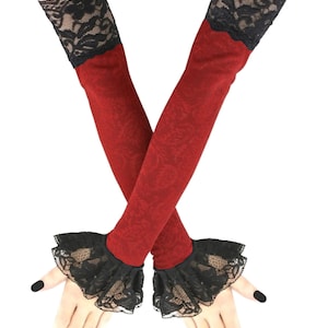 Red Textured Fingerless Opera Gloves Black Frill Lace, 20" Extra Long Ruffled Evening Arm Warmers, Gothic Vampire Sleeves, Plus Size XS-3XL