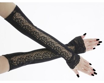 extra long fingerless gloves all black over elbow womens lace arm warmers formal gloves evening gloves opera gloves gothic gloves