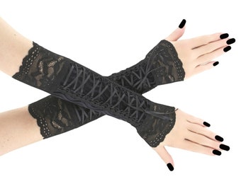 Gants gothiques noirs entiers sans doigts manchettes de soirée gants gothiques à laçage gothique corset gants de costume
