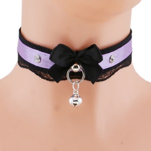 Lilac Lace Kitten Collar: Satin Bow Bell Choker