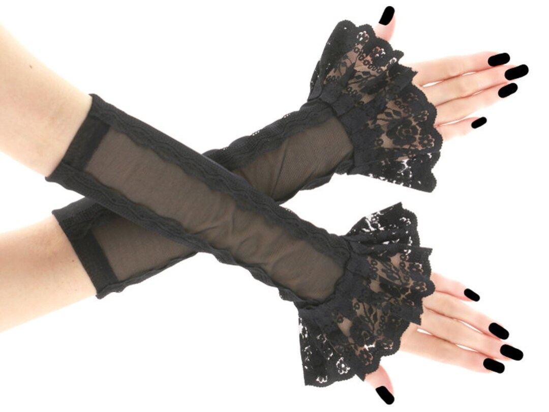 Tulle Gloves All Black Gothic Gloves Fingerless Evening Long Warmers