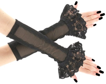 Gants en tulle gants gothiques noirs sans doigts chauffe-longues de soirée gothiques pour femmes gants longs pour femmes