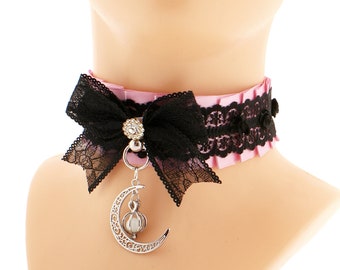 Kawaii pink black collar choker satin lace bow with o ring with moon pendant with luminescent moonstone, handmade gift made to order