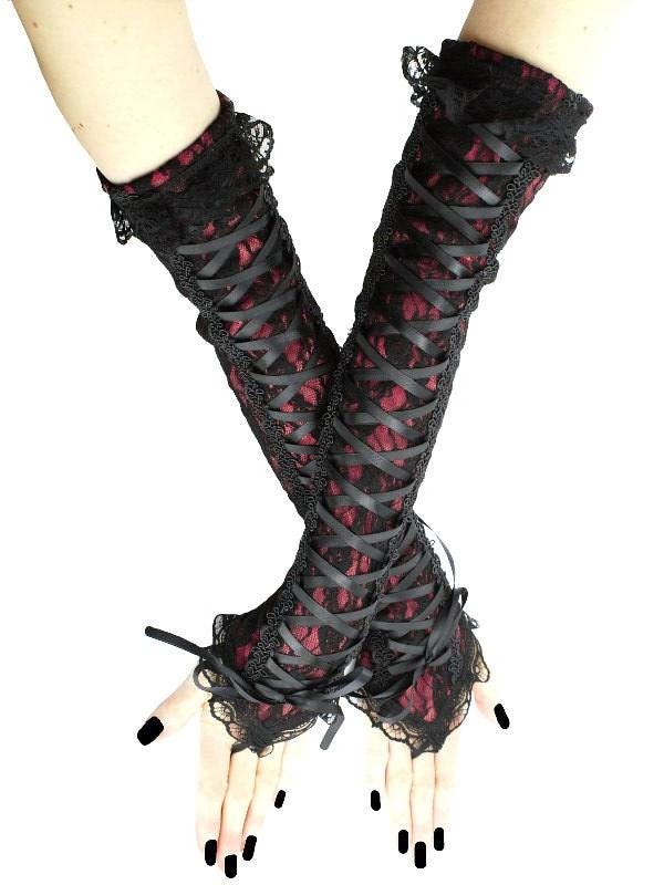 Womens lace fingerless gloves gothic bridal arm warmers sleeve goth elegant evening, lace black red wine gloves lacing corset women costume
