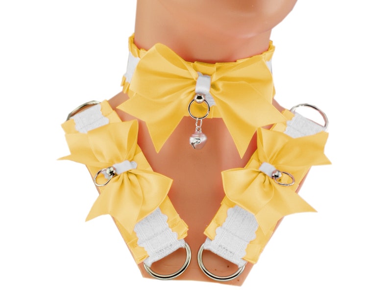 kitten petplay set choker collar and bracelet set cuffs bell satin bow lace white pastel costume cosplay kawaii princess neko