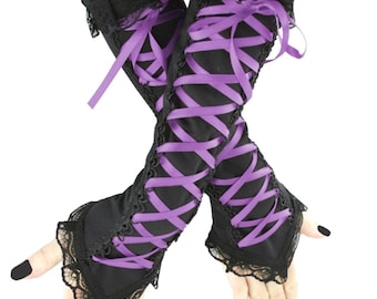 Black Lace Arm Warmers, Purple Corset Laced Trim, Gothic Victorian Style Gloves