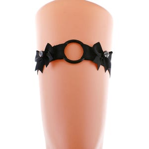 Black thigh garter metal o ring with satin bow, elastic gothic garter strap on the leg costume goth handmade gift made to order