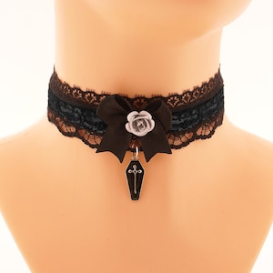 Satin lace choker collar necklace, with bow rose coffin day gothic chokers, bridal goth jewelry victorian vampire gothic costume all sizes