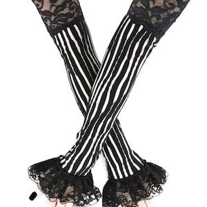 Elegant sleeves glamour evening gloves, striped white black lace extra long arm warmers gloves, bridal festivals fingerless womens costume