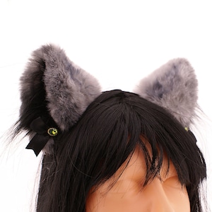 Grijs zwarte kattenoren, satijnen strik katjesoren met kattenhoofdband, oren faux pastel, oren neko cosplay schattig kostuum kawaii kitten speeloren cadeaus