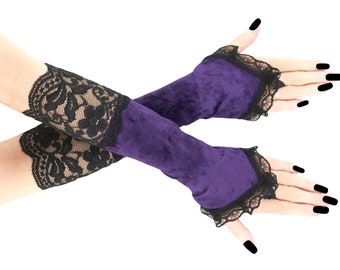 Womens gloves black purple fingerless gloves velvet lace warmers elbow length burlesque costume gloves evening gloves more sizes and colors