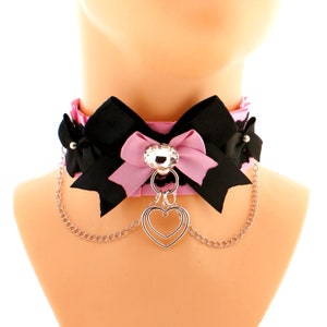 Gatito rosa mascota jugar collar gargantilla cadena lazo de encaje satinado con anillo o con colgante de corazón neko kawaii linda joyería, regalo hecho a mano hecho a pedido imagen 3