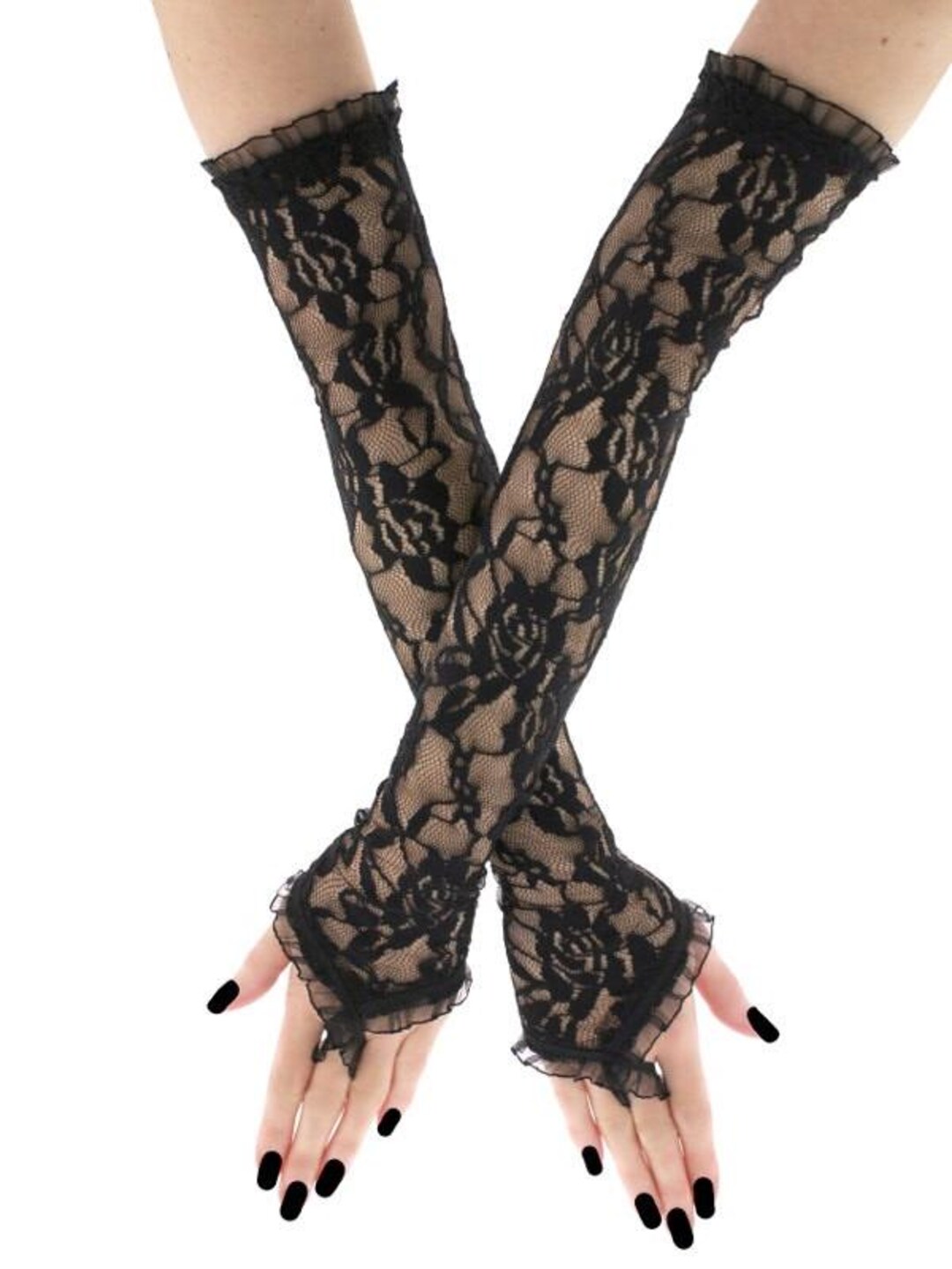 thumbnail image 2 of L'VOW Gothic Black Lace Gloves For Women - Vampire & Witch Gloves - Halloween, One Pair (Black 2 of 13