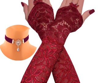 Conjunto gótico de gargantilla y guantes de terciopelo, encaje color vino tinto, mangas puntiagudas, collar con colgante de diamantes de imitación iridiscentes, accesorio romántico victoriano, XS-3X