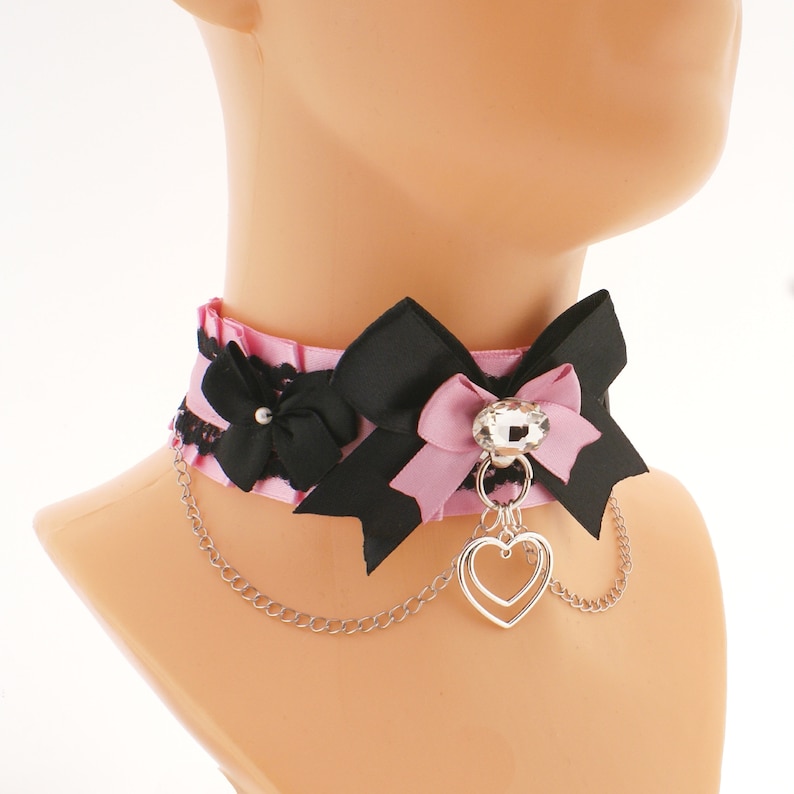 Gatito rosa mascota jugar collar gargantilla cadena lazo de encaje satinado con anillo o con colgante de corazón neko kawaii linda joyería, regalo hecho a mano hecho a pedido imagen 9