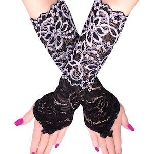 Lace Fingerless Gloves: Black Lilac Gothic Wrist Warmers