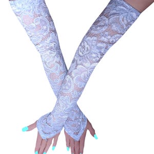 Dames kanten handschoenen extra lange lichtblauwe bruidshandschoenen avondhandschoenen over de elleboog bruidsopera dames kanten armmouwen romantische handschoenen