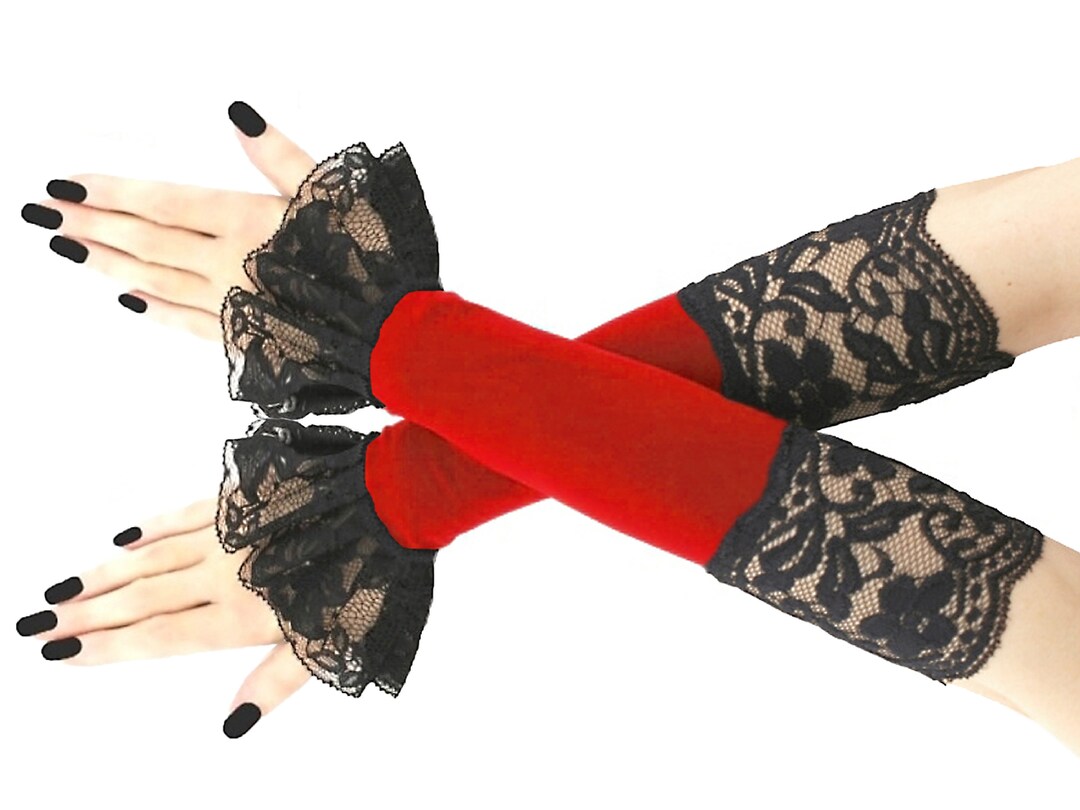 Womens Black Lace Red Gloves Fingerless Evening Long Warmers Burlesque