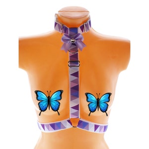 May include: A purple and white geometric patterned harness with a bow and butterfly accents. The harness features a choker-style collar, adjustable straps, and a decorative bow with a silver-colored center. Two blue butterfly graphics are on the chest area.