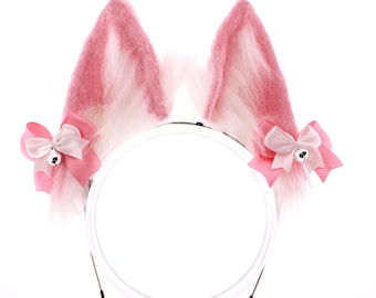Pink and White Faux Fur Cat Ears Headband, Kawaii Kitten Play Gear for Cosplay, Pink White Neko Animal Ears Costume Accessory, Gift for Her
