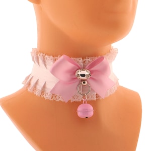 Choker Necklace Kitten Pet Play Collar, White Lace Pink Bow With a Bell Daddys Girl Tag DDLG Jewelry Pastel Lolita Littles