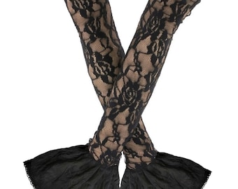 Womens Black Lace Opera Gloves Ruffled Sleeves Extra Long Evening Gloves Evening Prom Accessories, Handmade XS to 3XL, Gift for Her