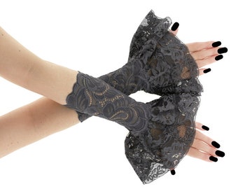 Guantes de encaje gris, guantes de mujer con volantes sin dedos, guantes elegantes románticos de noche formal, regalo de guantes de encaje elásticos disponibles de talla grande