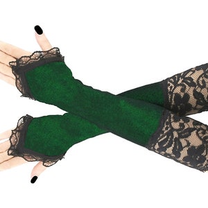 Gants noirs pour femmes à rayures, sans doigts, longs, costume glamour longueur coude, dentelle élastique, vêtements romantiques élégants Vert