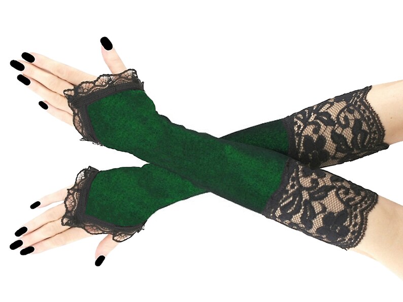 Gants noirs pour femmes à rayures, sans doigts, longs, costume glamour longueur coude, dentelle élastique, vêtements romantiques élégants Vert