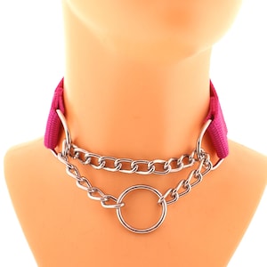Neon Slip Chain Choker Nylon Solid Collar with Chain and O-Ring, Booklet Necklace Collar with O-Ring Handmade Punk Custom More Sizes