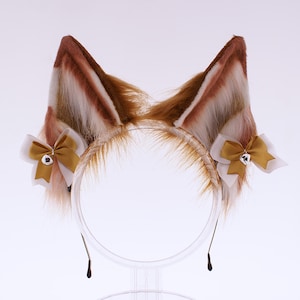 Rusty Brown white furry ears, fox cosplay ears, bow bell costume kawaii animal cosplay headband ears handmade gifts