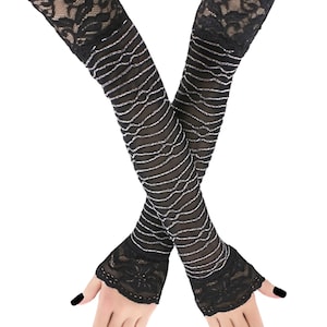 Lace Opera Gloves: Silver & Black Evening Arm Warmers