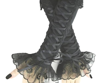 Black Gothic Frill Lace Gloves, Corset Satin Laced Fingerless Arm Warmers, Vampire Costume Ruffled Sleeves, XS-3XL, Victorian Gauntlets