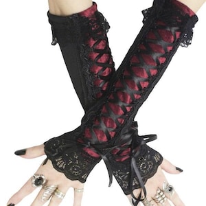 Black red wine womens gloves fingerless gothic gloves evening long warmers gloves womens carneval lacing corset gloves elbow length costume