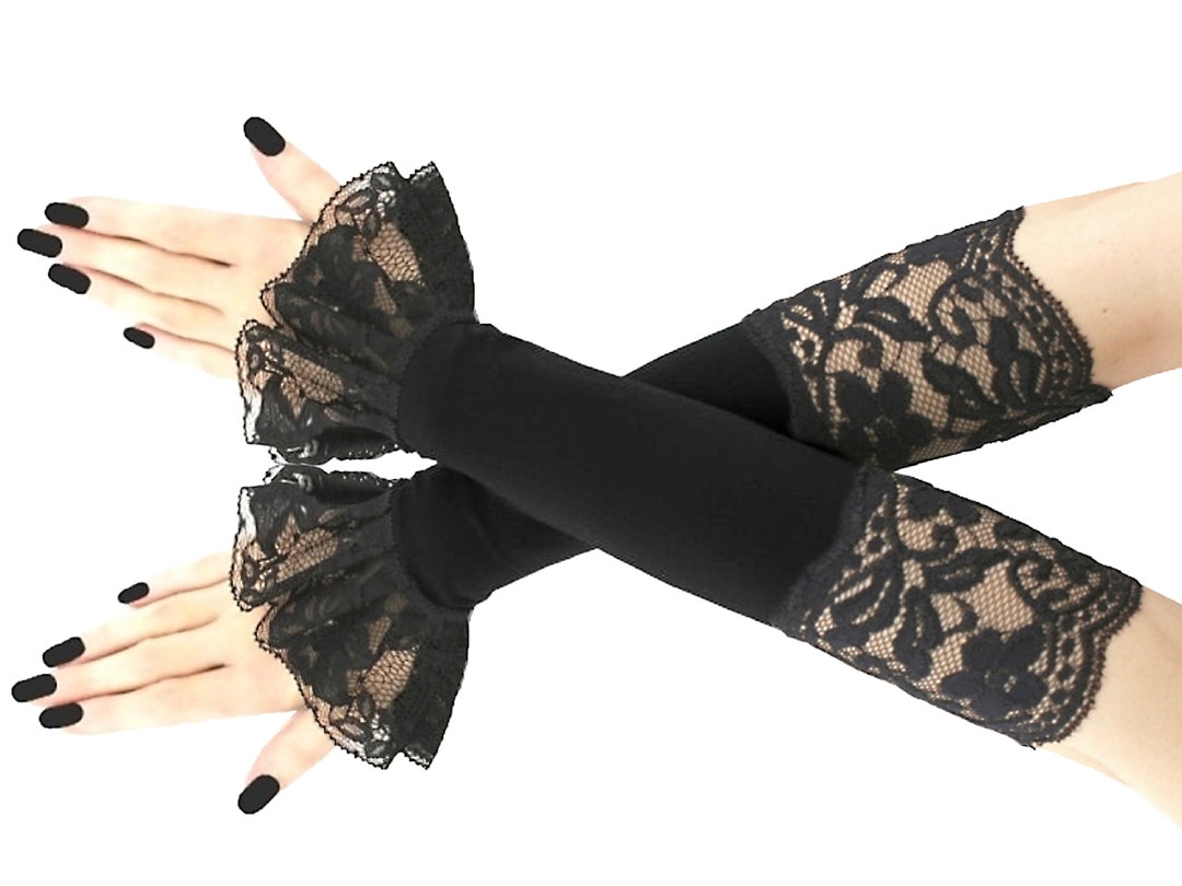 Womens Black Lace Gloves Fingerless Evening Long Warmers Burlesque