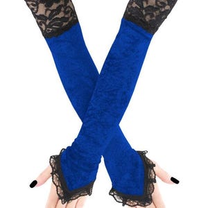 Velvet gloves blue black extra long fingerless gloves womens over elbow arm warmers gloves evening gothic costume goth plus size available