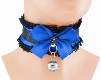 Blue kitten play collar bell choker lace kitten pet play necklace bow satin pastel gothic womens costume goth kat girls kawaii cosplay