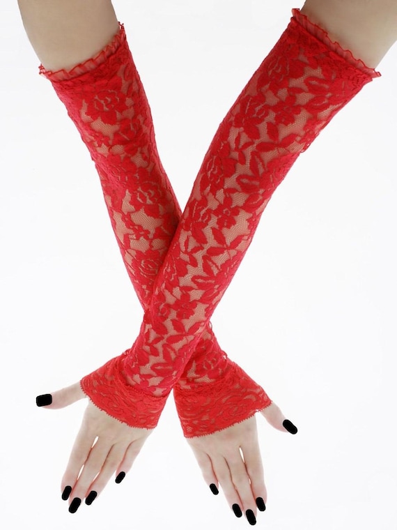 extra long red lace gloves evening opera fingerless womens arm sleeves costume burlesque formal