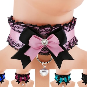 Pink Satin Lace Kitten Play Choker: Handmade Petplay Collar with Bell