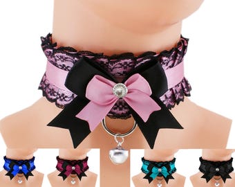 Pink black kitten pet play collar satin lace choker necklace with lace d ring bow and bell, handmade, I have several colors and sizes