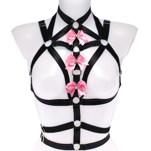 Women harness adjustable, harness for women black pink elastic strappy lingerie chest top stretch ribbon body cage pastel belt with bow