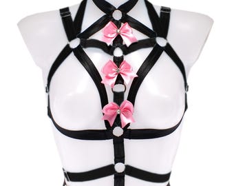 Harness Black Elastic, Pink Satin Bows Rhinestone Detail, XS-XL, Handmade Adjustable Kawaii Lingerie, Gothic Festival Accessory, Body Cage
