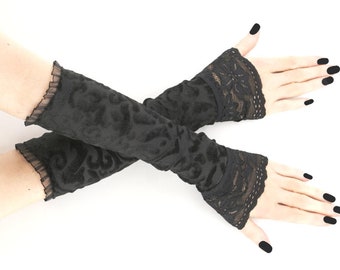 womens gloves all black gothic fingerless evening elegant long arm warmers goth costume textured elbow length handmade more sizes and colors