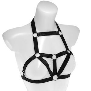 Harness for women, elastic body women harness adjustable, black open top elastic strappy goth lingerie chest top stretch ribbon cage