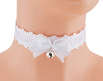White satin lace choker necklace with bow and bell neko girls princess lolita kawaii handmade I have several colors and sizes