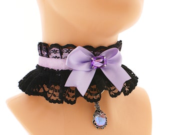 Romántico collar de princesa collares gargantilla de raso lazo lila de encaje negro con collar de joyas colgante de luna arco iris vintage hecho a medida hecho a mano