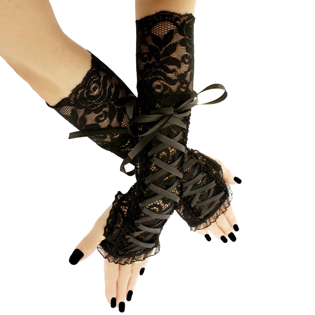 Black Lace Fingerless Elbow Gloves With Thumb Hole, Victorian